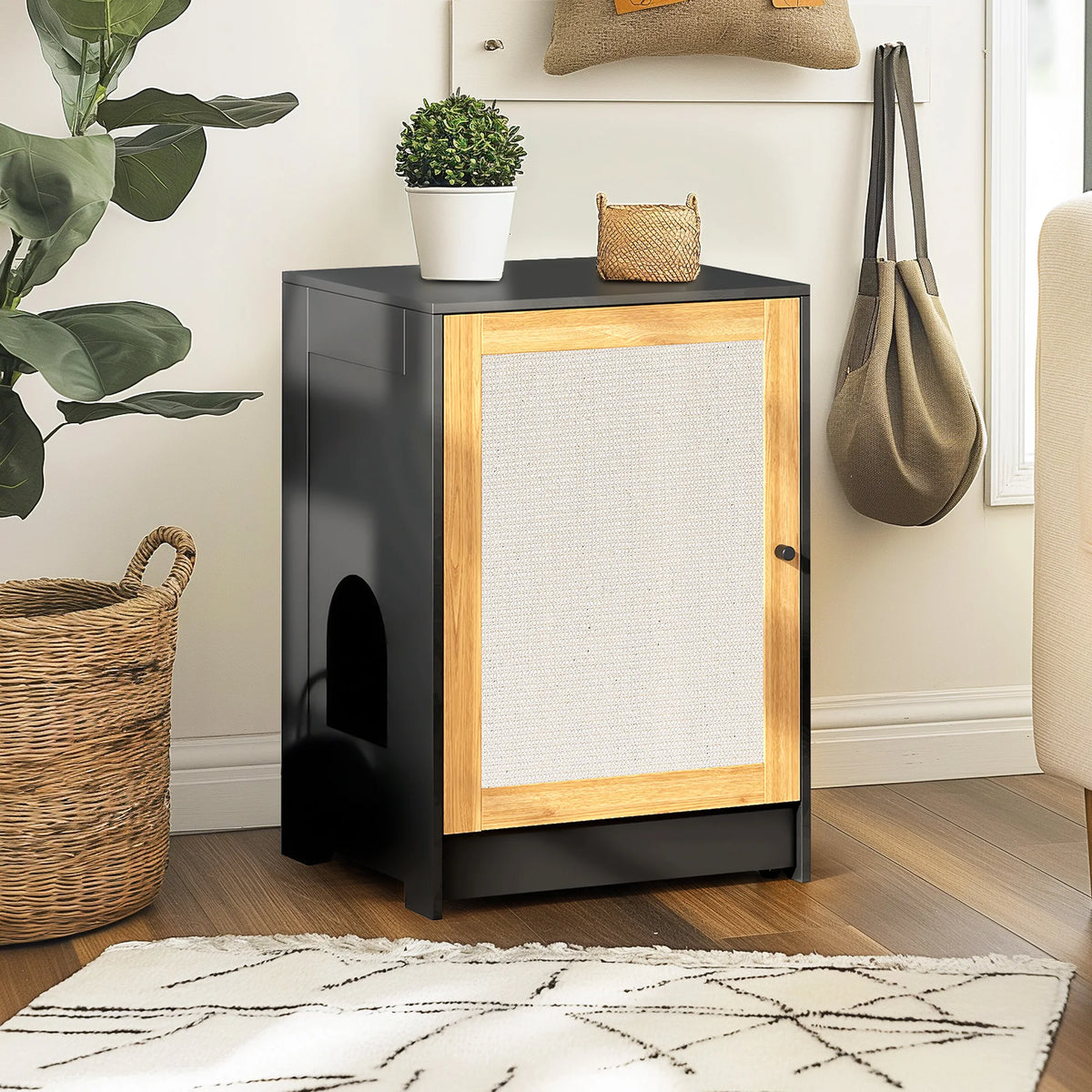 Hidden Cat Litter Box Enclosure Cabinet With Sisal Scratching Door