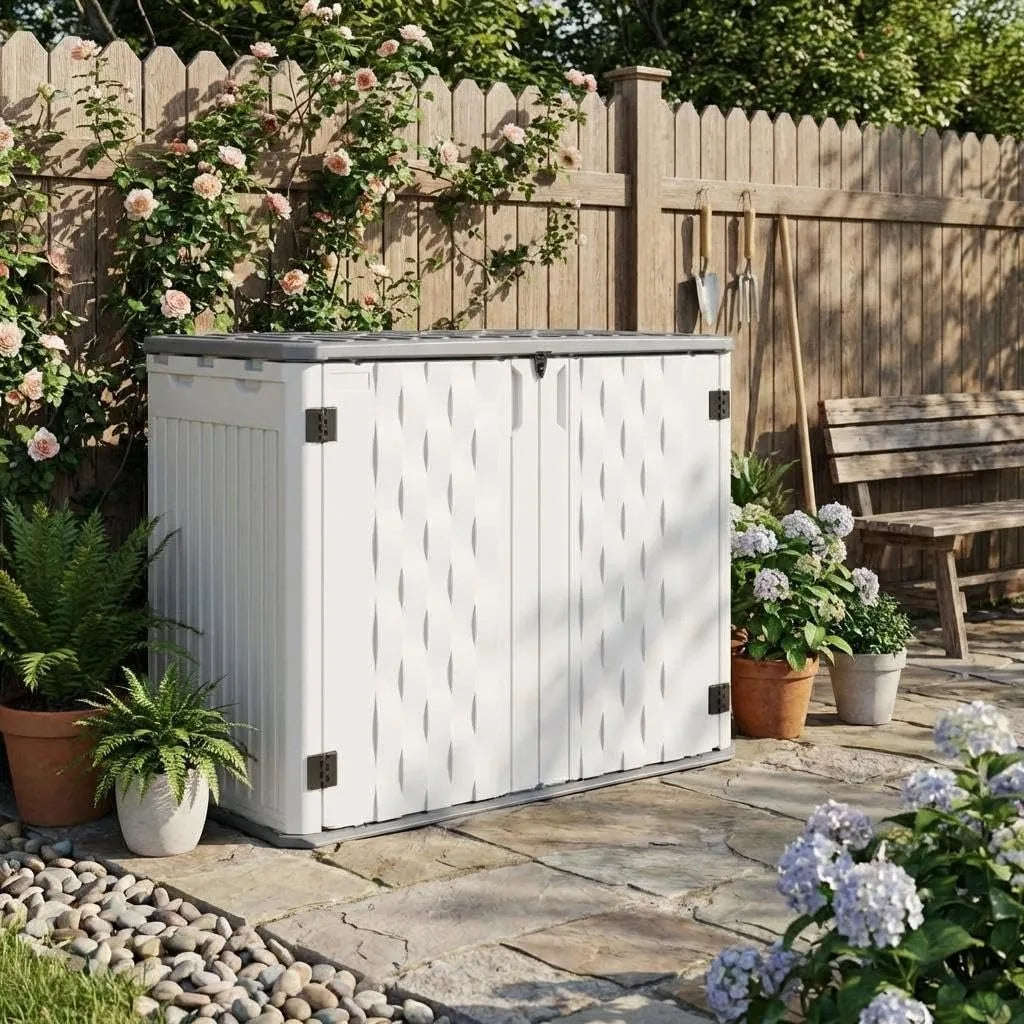 35 Cu Ft Outdoor Storage Cabinet Waterproof Resin Storage Shed with Lockable Door Garden Tool Storage Box for Trash Cans Lawn Mower Generator Patio Backyard Organization