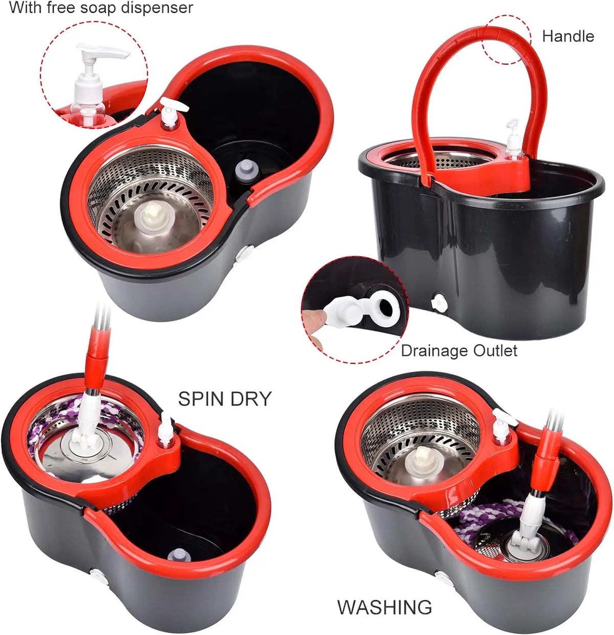 Spin Mop Bucket Set With Three Microfiber Floor Cleaning Heads