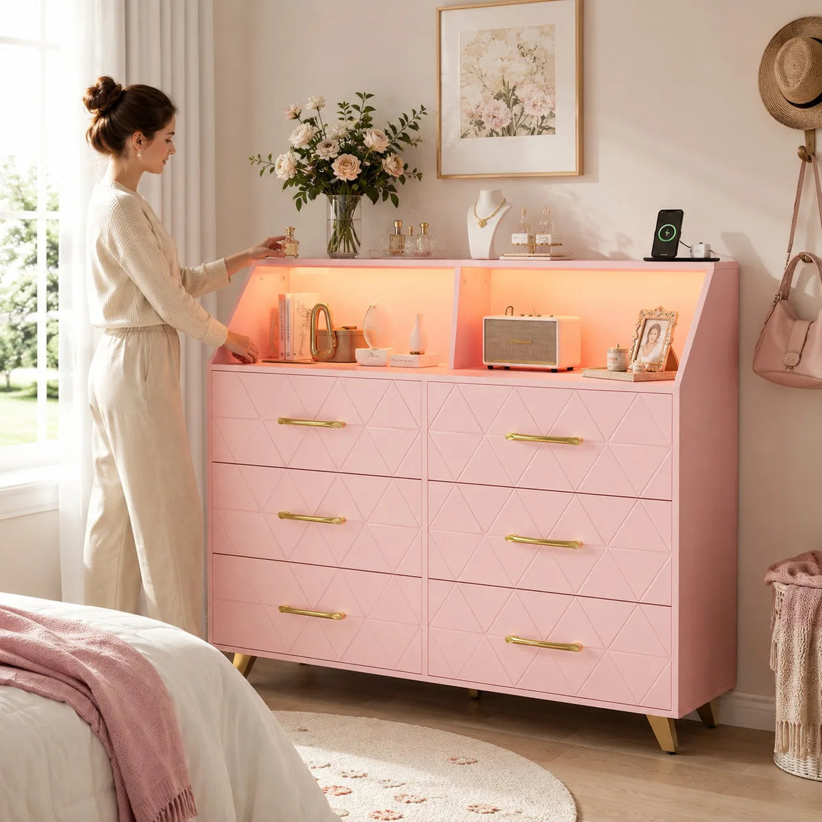 Six Drawer Wooden Dresser With Integrated Led Charging Station