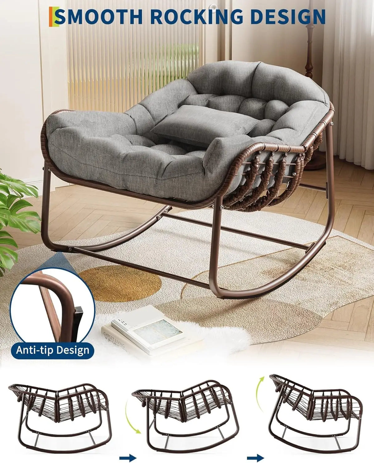 HiMISS Papasan Egg Rocking Chair Outdoor Wicker Frame With Cushion