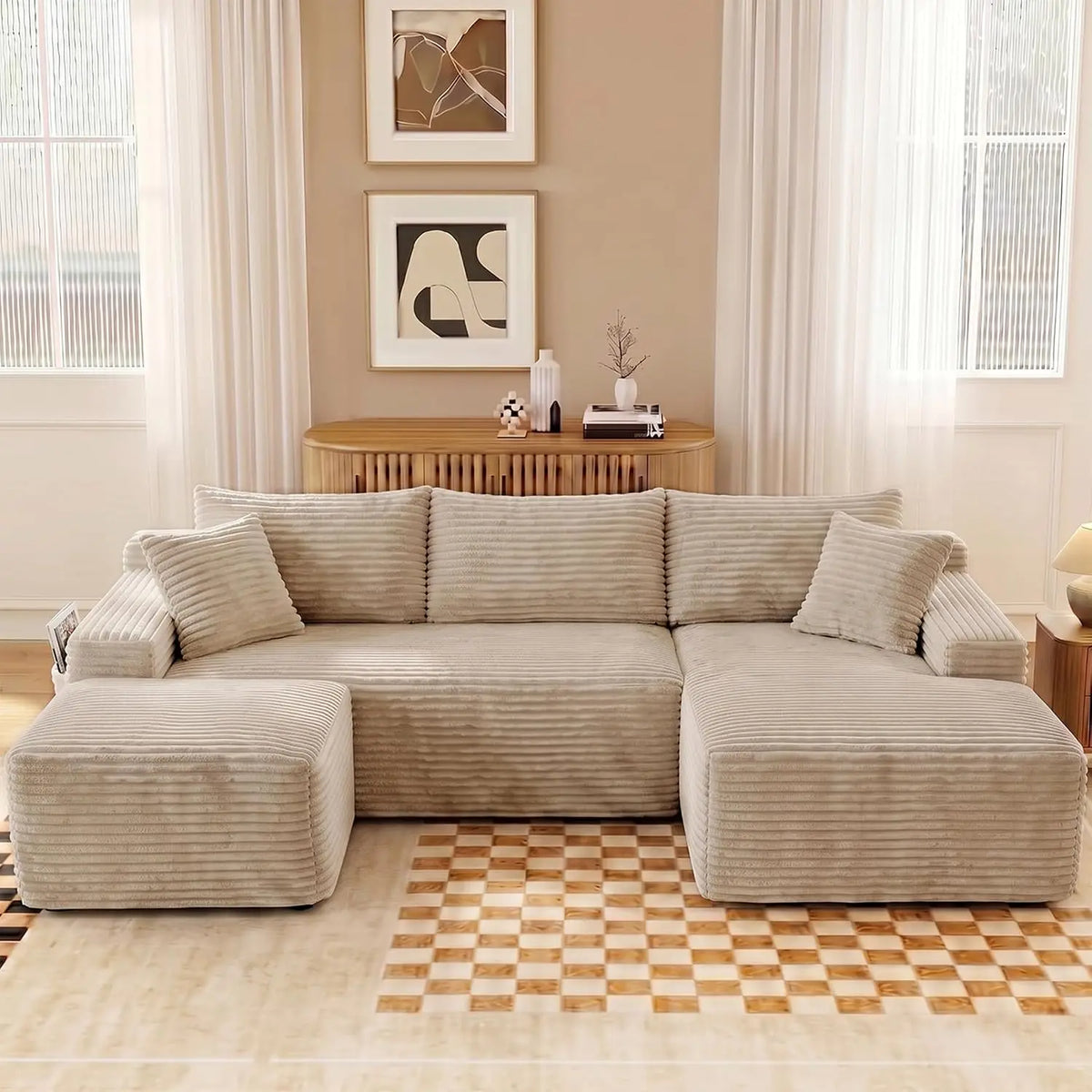 U-Shaped Modular Sectional Sofa With Deep Seat Ottoman Corduroy Fabric