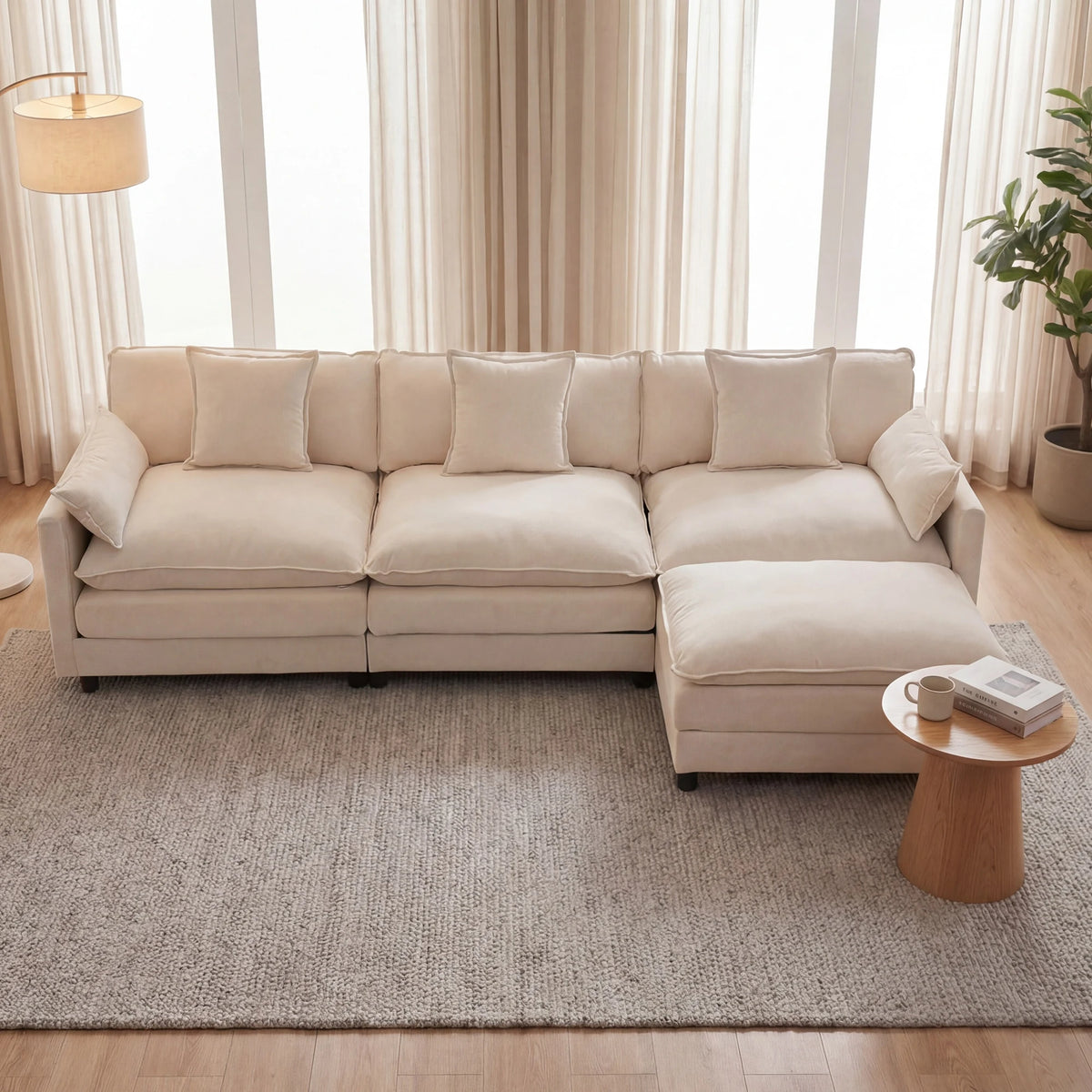 Redlife 107" Modular Sectional Sofa Set with Ottoman, L-Shaped Convertible Couch, 3-Seats Chenille Deep Seat Sofa with Pillows for Living Room, Bedroom and Apartment