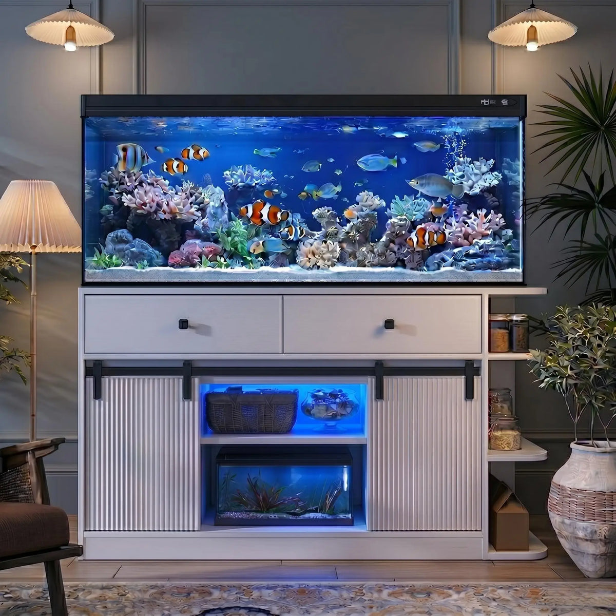 75 Gallon Aquarium Stand with LED Light & Power Outlets, 55-75 Gal Fish Tank Cabinet with Sliding Fluted Doors, 1200 LBS Capacity