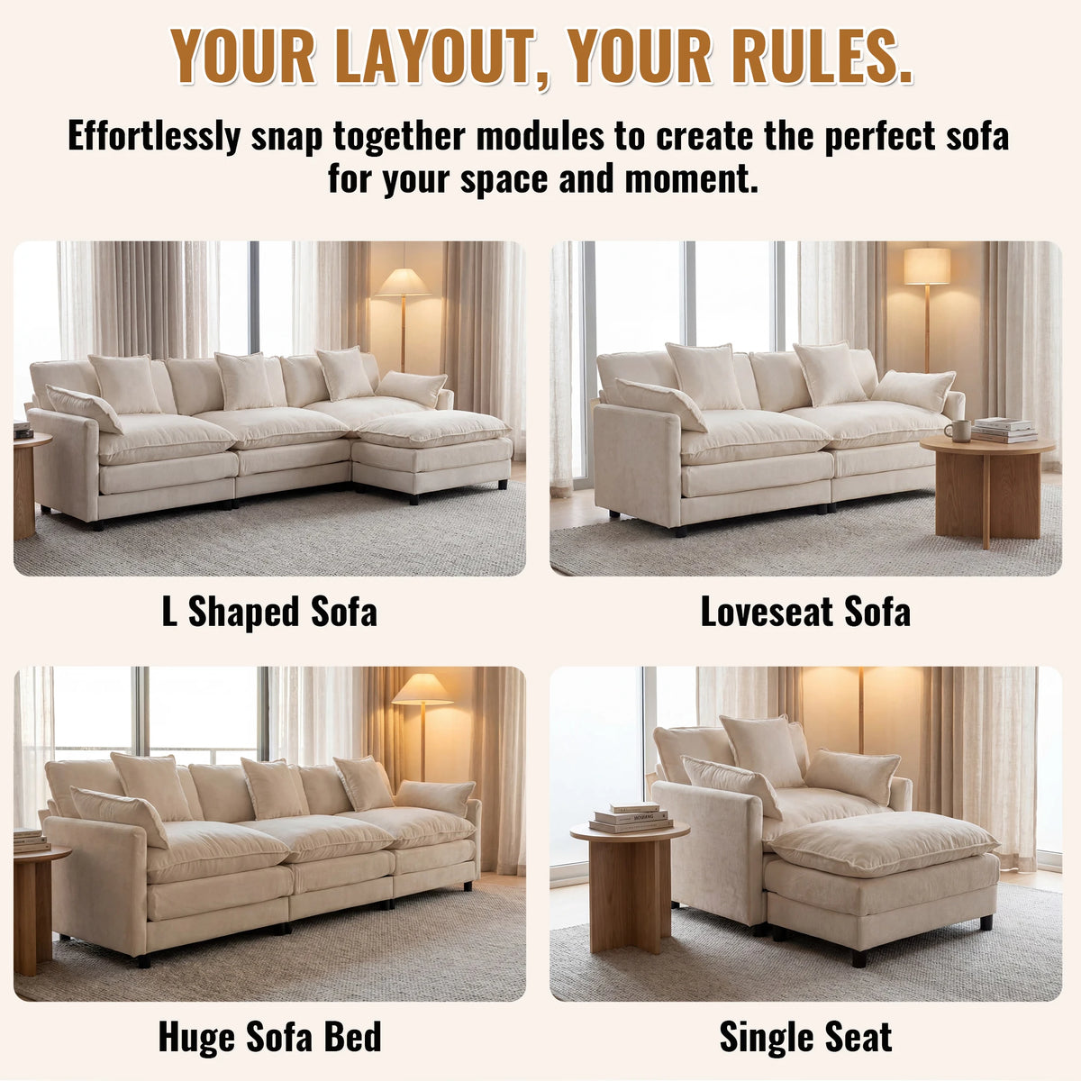 Redlife 107" Modular Sectional Sofa Set with Ottoman, L-Shaped Convertible Couch, 3-Seats Chenille Deep Seat Sofa with Pillows for Living Room, Bedroom and Apartment
