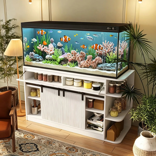 75 Gallon Aquarium Stand with LED Light & Power Outlets, 55-75 Gal Fish Tank Cabinet with Sliding Fluted Doors, 1200 LBS Capacity