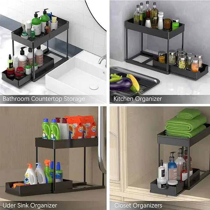 Two Tier Sliding Under Sink Organizer With Side Hooks