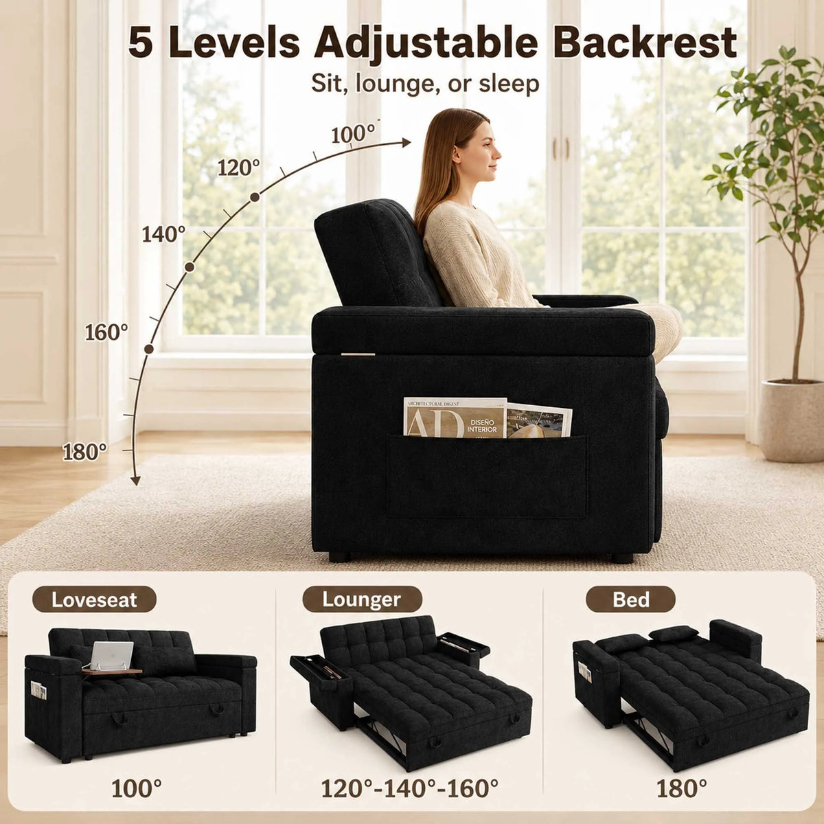 Adjustable Foldable Velvet Sofa Bed With Usb Charging And Storage