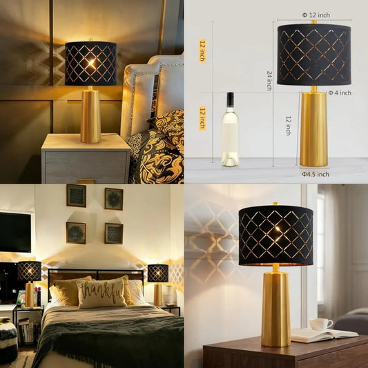 24" Modern Table Lamp for Living Room Bedroom, Nightstand Resin Lamp with Black Grid Shade