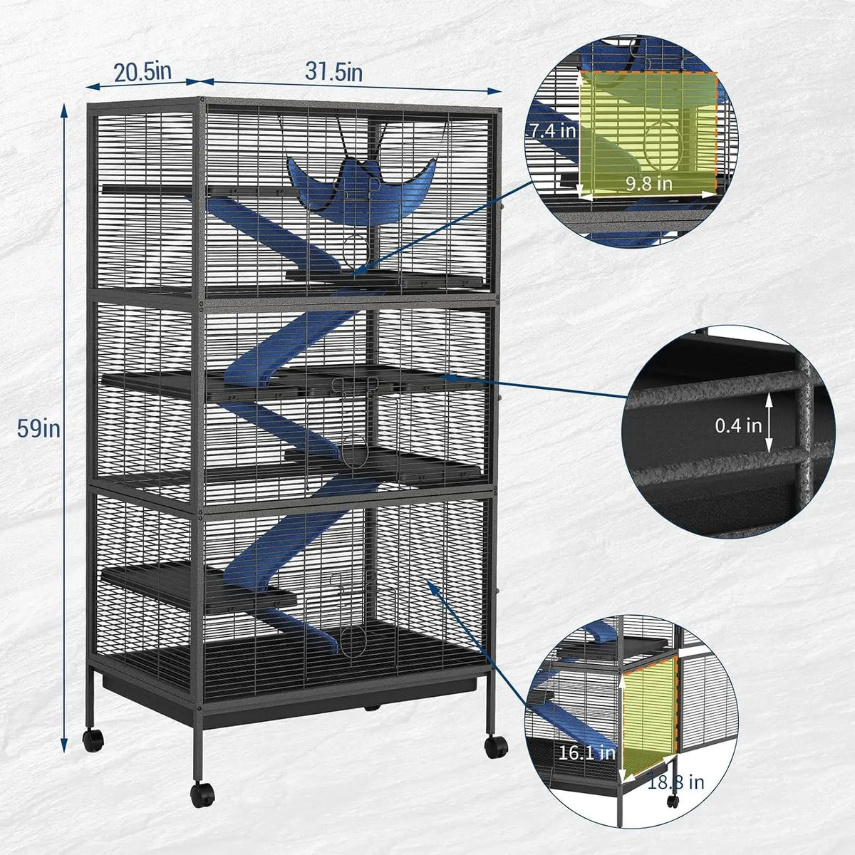 Multi Level Small Animal Cage With Hammock Ramps And Wheels