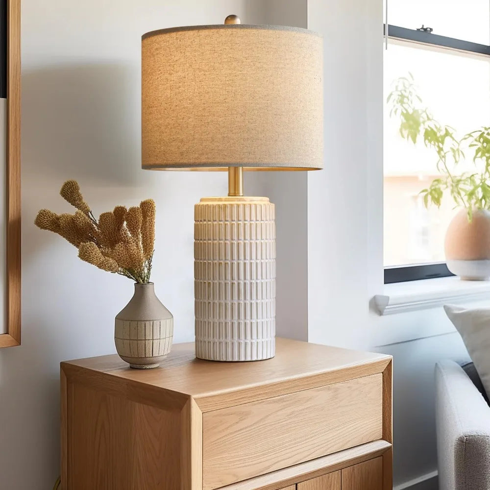 Modern Ceramic Table Lamp Set of 2 for Living Room Bedroom, White Nightstand Lamps with Farmhouse Style, Ideal Housewarming Gift for Women Mom