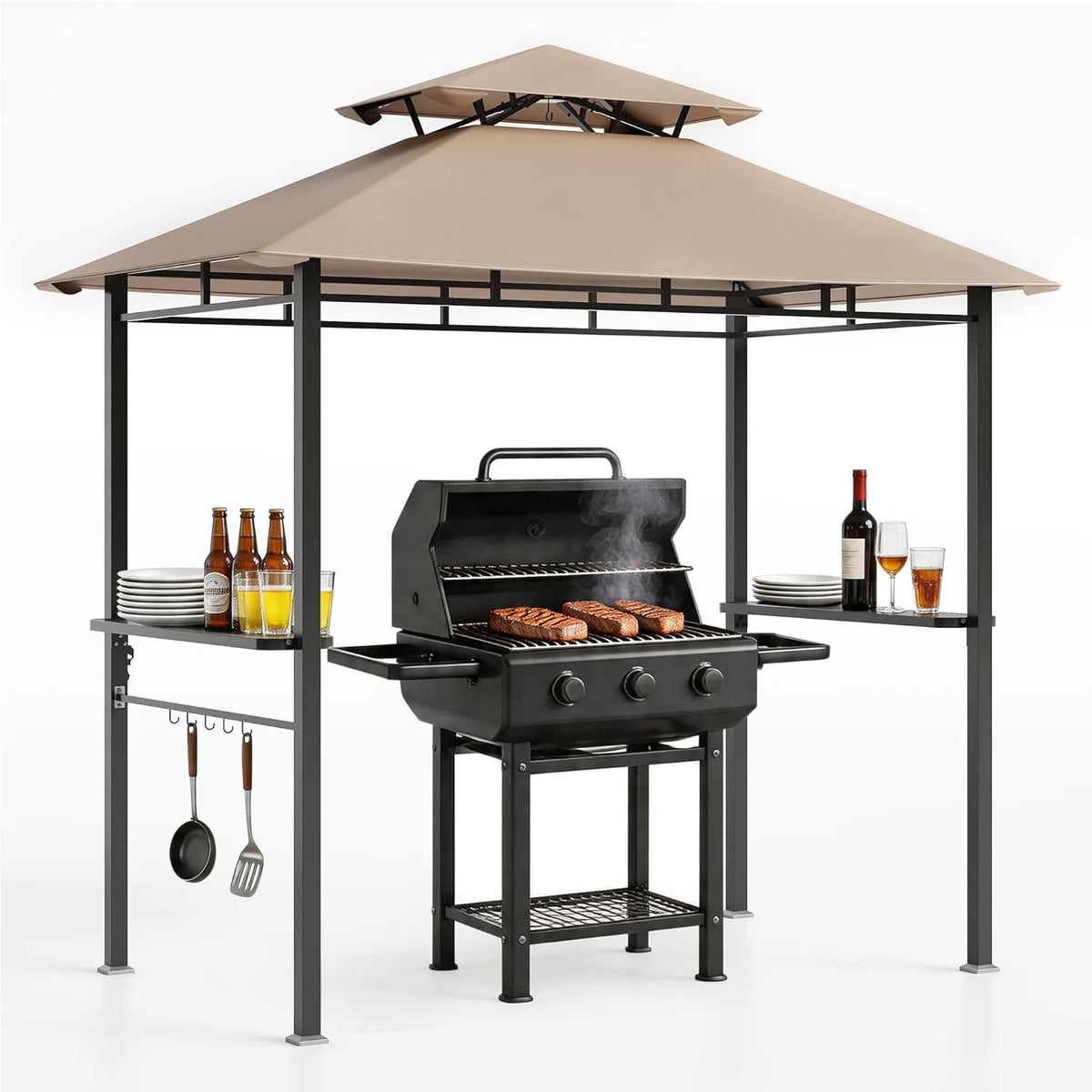 Outdoor BBQ Grill Gazebo 8x5 FT, Double Roof Vented Patio Canopy Tent With 2 Side Shelves For Backyard Cooking