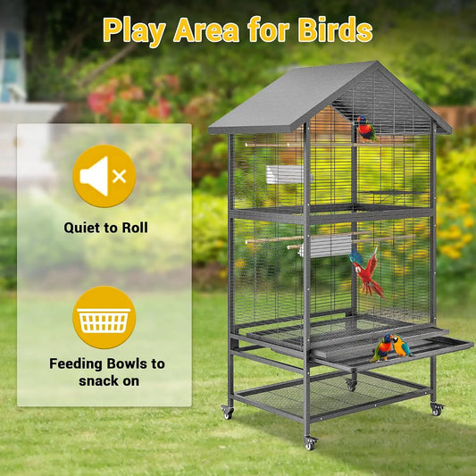 Large Wrought Iron Bird Cage With Rolling Stand For Parrots