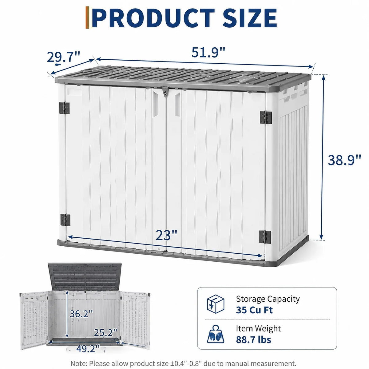35 Cu Ft Outdoor Storage Cabinet Waterproof Resin Storage Shed with Lockable Door Garden Tool Storage Box for Trash Cans Lawn Mower Generator Patio Backyard Organization