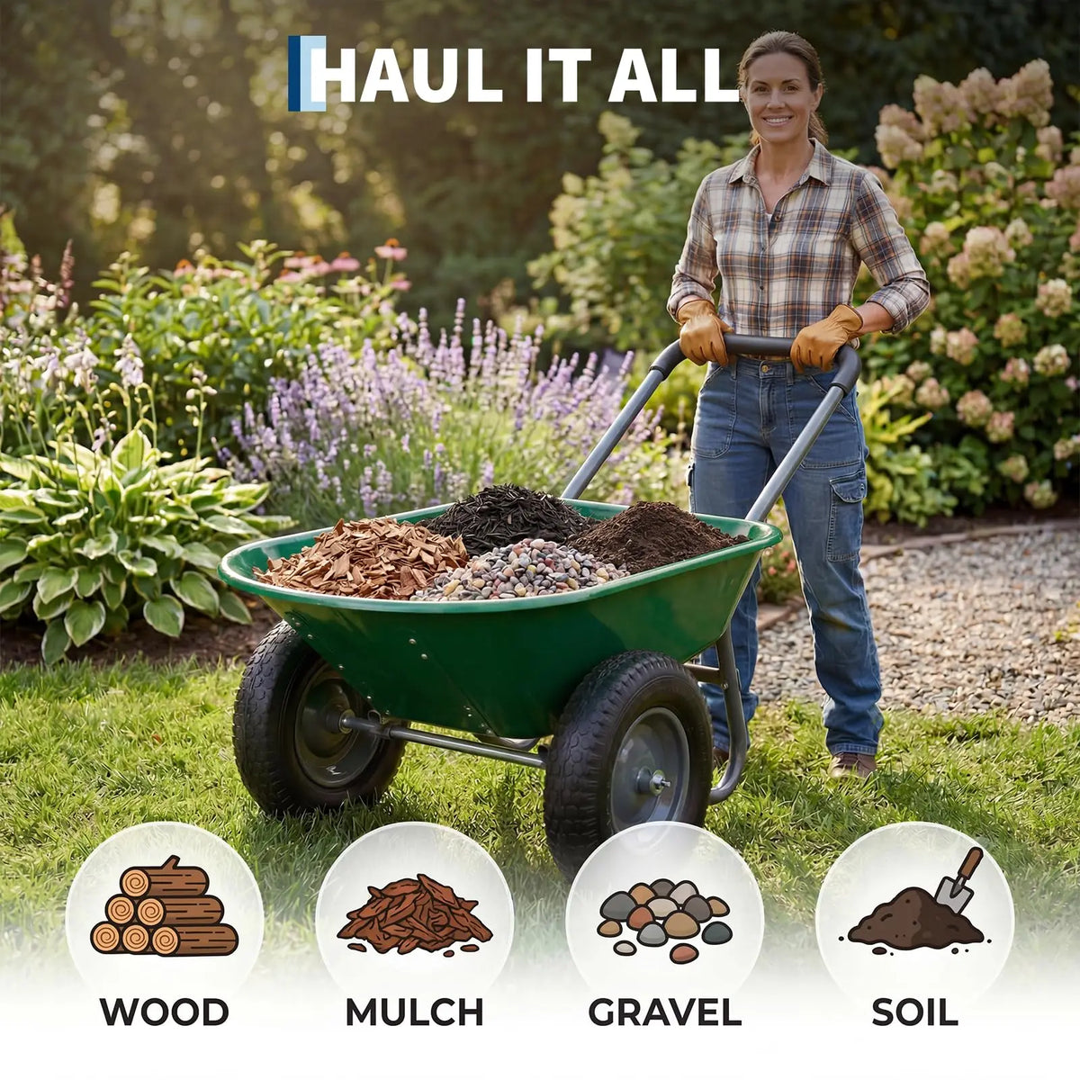 HiMISS Dual Wheel Wheelbarrow With Dump Bed 600 LB Capacity