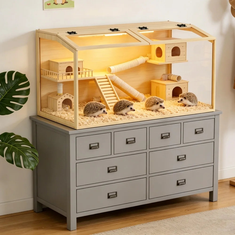 Wooden Hamster Habitat With Tempered Glass And LED Lighting