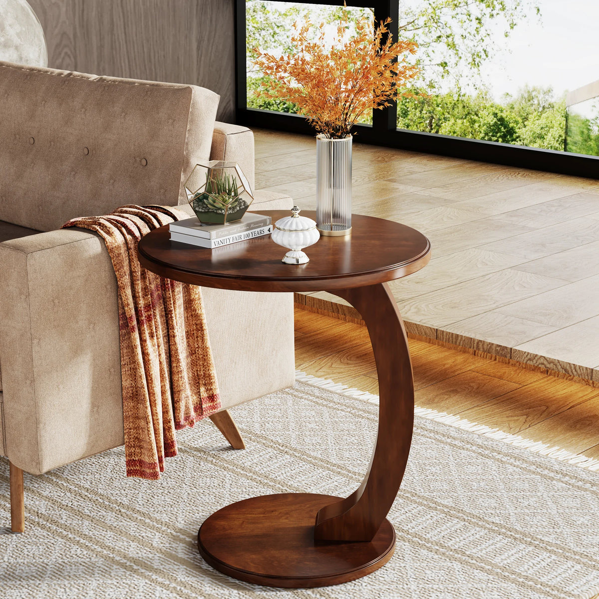 Tribesigns Round Wood End Table With Sleek C Shaped Frame