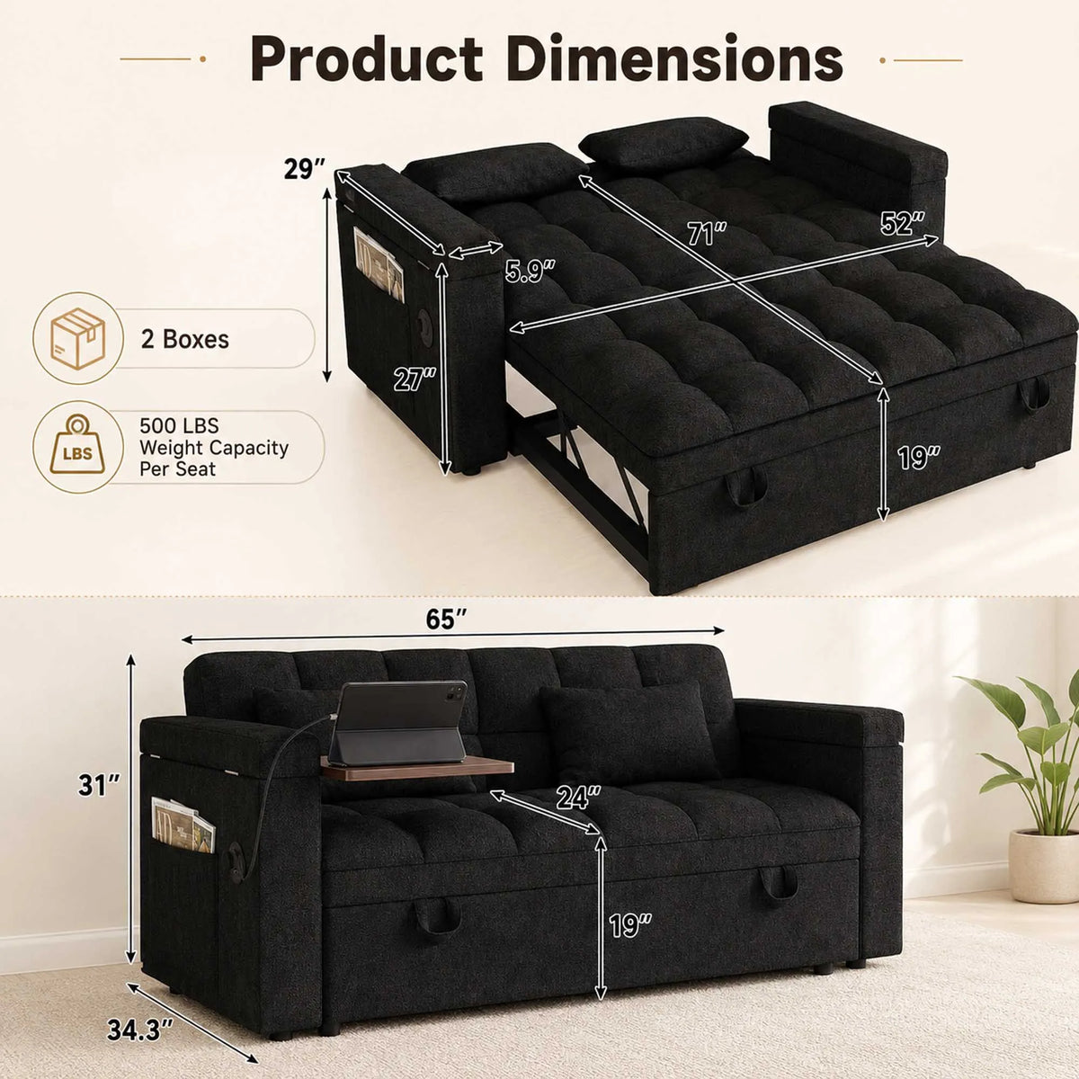 Adjustable Foldable Velvet Sofa Bed With Usb Charging And Storage