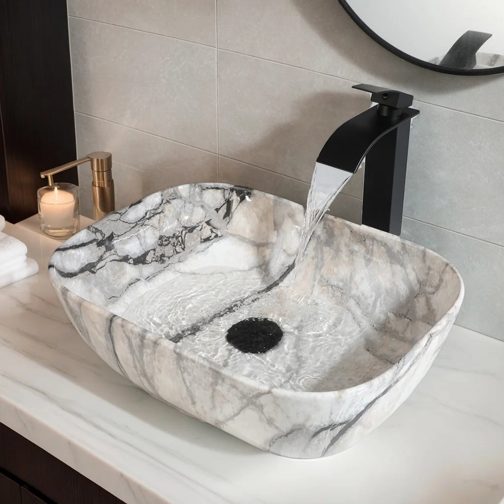 Mekkhala Ceramic Rectangular Bathroom Vessel Sink Set With Faucet