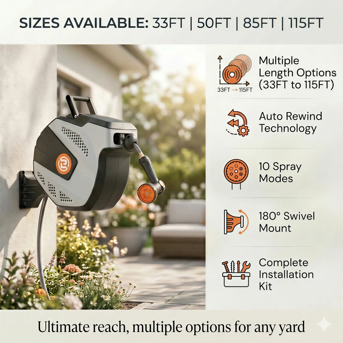 Sunpow Wall Mount Garden Hose Reel With Auto Rewind Nozzle