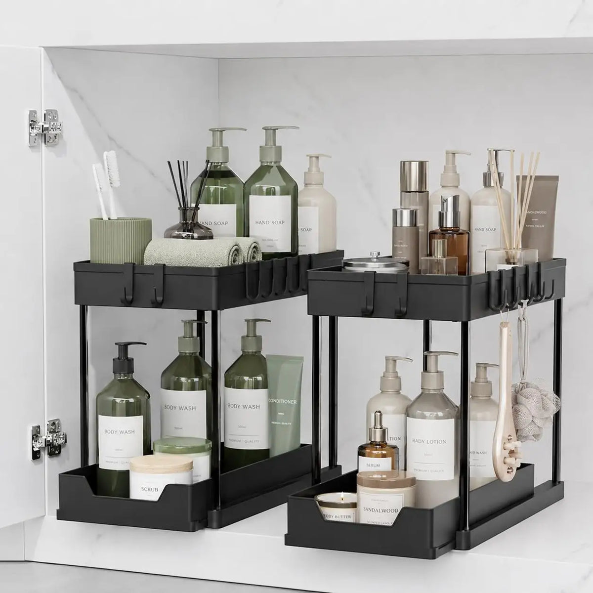 Two Tier Sliding Under Sink Organizer With Side Hooks