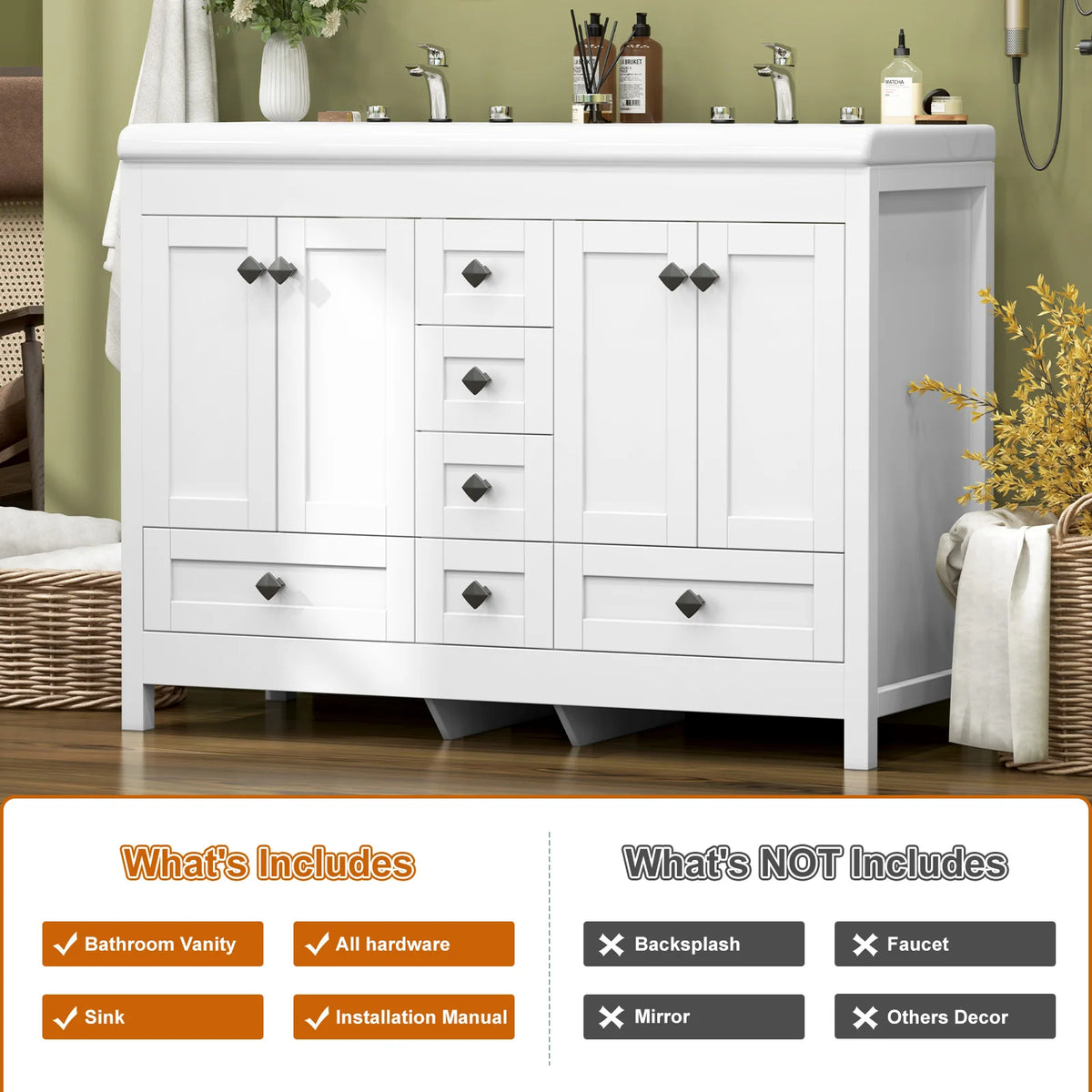 47.3 Inch White Bathroom Vanity Double Ceramic Sink Freestanding Cabinet with Doors & Drawers Modern Bathroom Storage Vanity Cabinet with Sink Combo