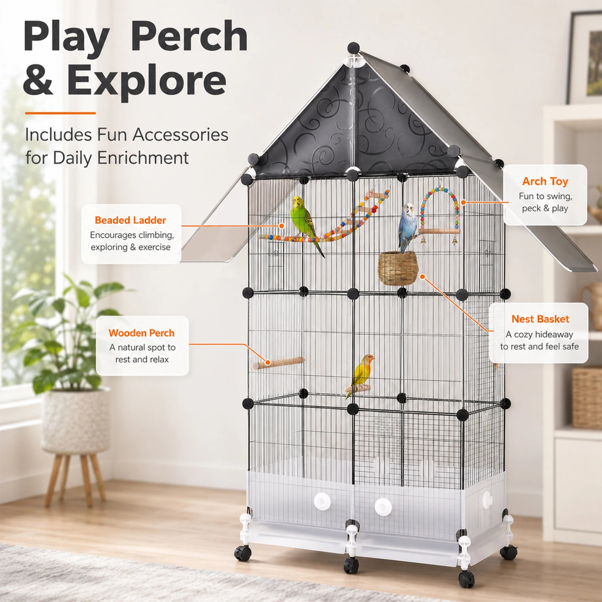 Large Bird Cage With Acrylic Door, Perches, Tray And Casters