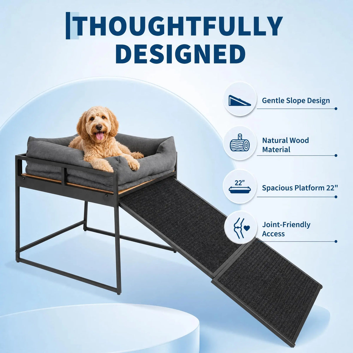 Elevated Dog Bed Ramp With Bolster Cushion And Sturdy Frame