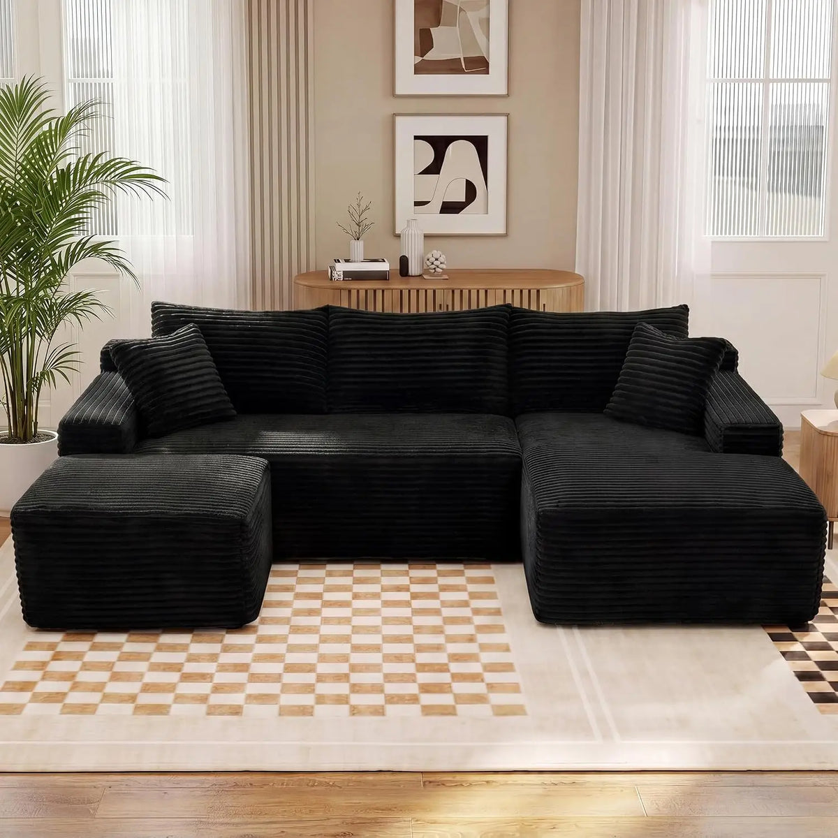 U-Shaped Modular Sectional Sofa With Deep Seat Ottoman Corduroy Fabric