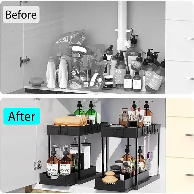 Two Tier Sliding Under Sink Organizer With Side Hooks