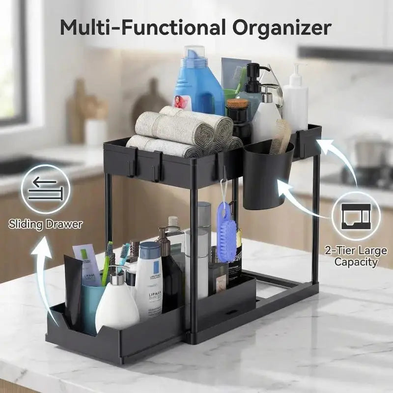 Two Tier Sliding Under Sink Organizer With Side Hooks