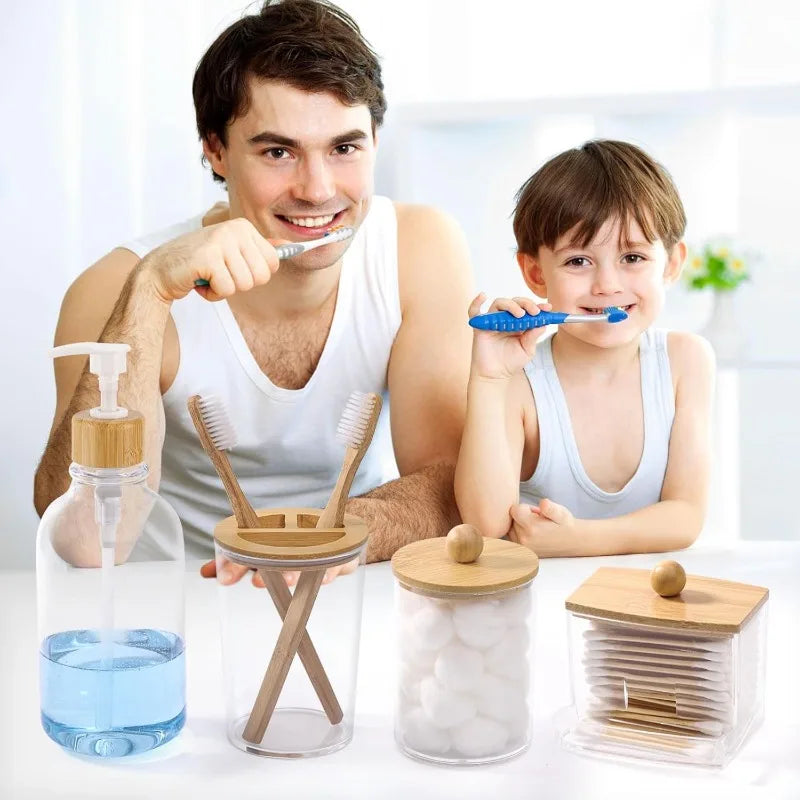 Bamboo Bathroom Set With Soap Dispenser Toothbrush Holder Storage Jars