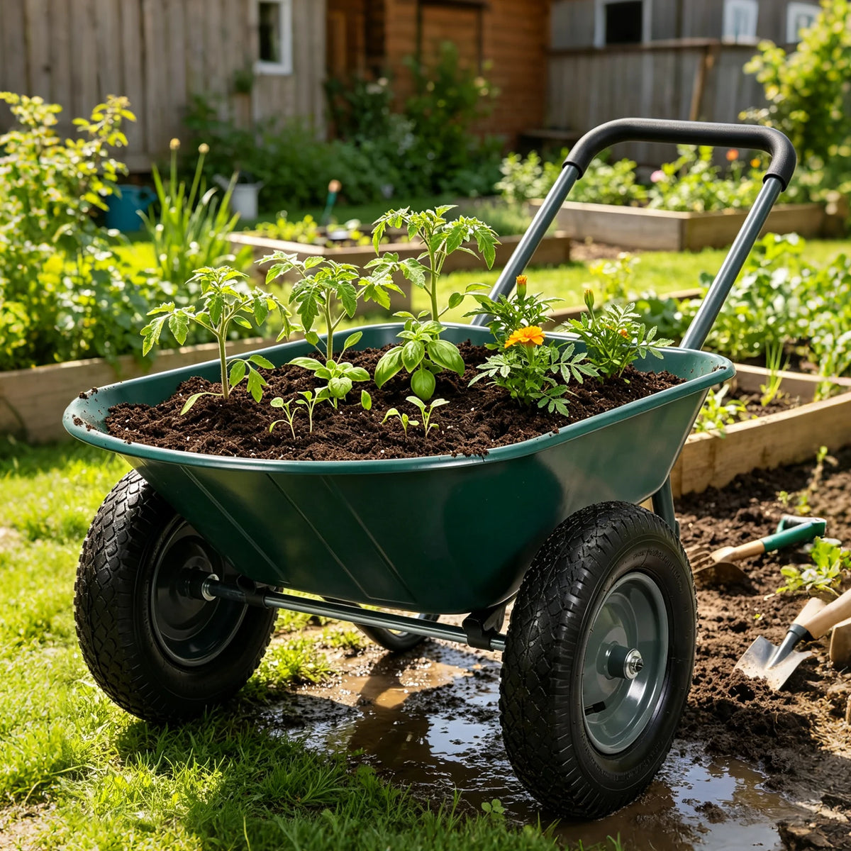 HiMISS Dual Wheel Wheelbarrow With Dump Bed 600 LB Capacity