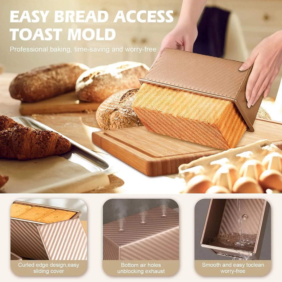 `Professional Pullman Loaf Pan Set, Carbon Steel Non-Stick Bread Mold with Sliding Lid and Baking Tools for Homemade Toast`
