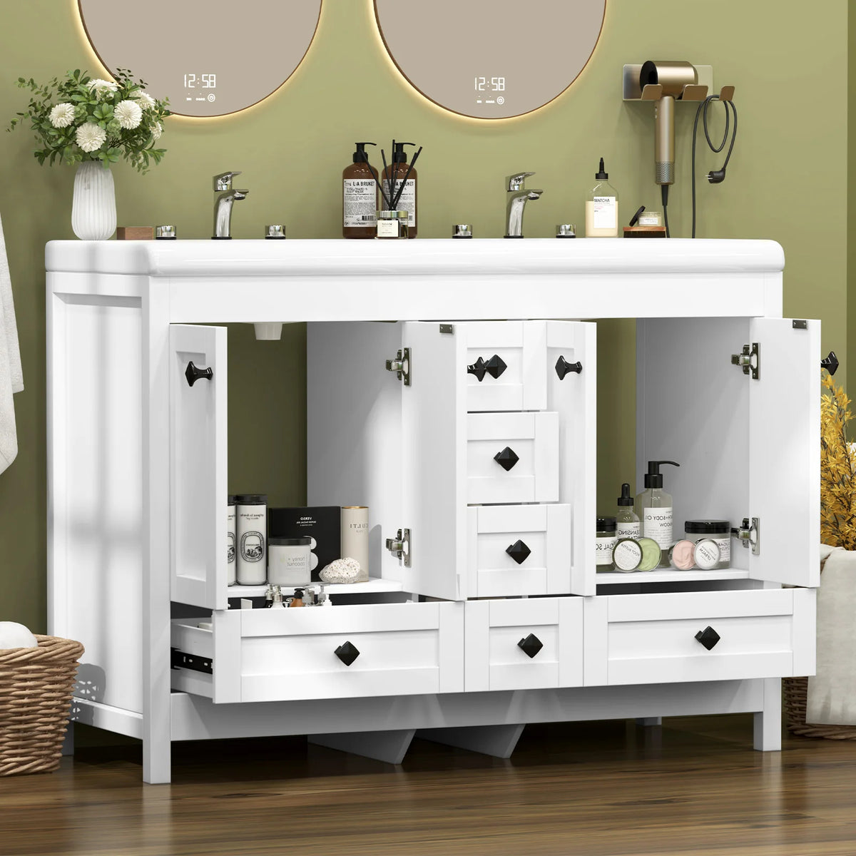 47.3 Inch White Bathroom Vanity Double Ceramic Sink Freestanding Cabinet with Doors & Drawers Modern Bathroom Storage Vanity Cabinet with Sink Combo
