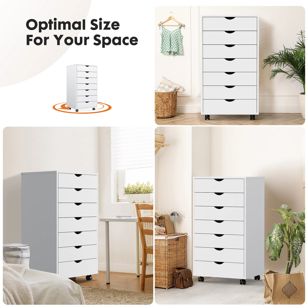 JHK 7 Drawer Wooden Rolling Chest Dresser Nightstand Storage Cabinet