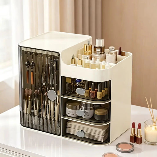 Beige Cosmetic Storage Box High Capacity Dustproof Makeup Organizer with Multi Drawers & Brush Holder for Desktop Dresser Home