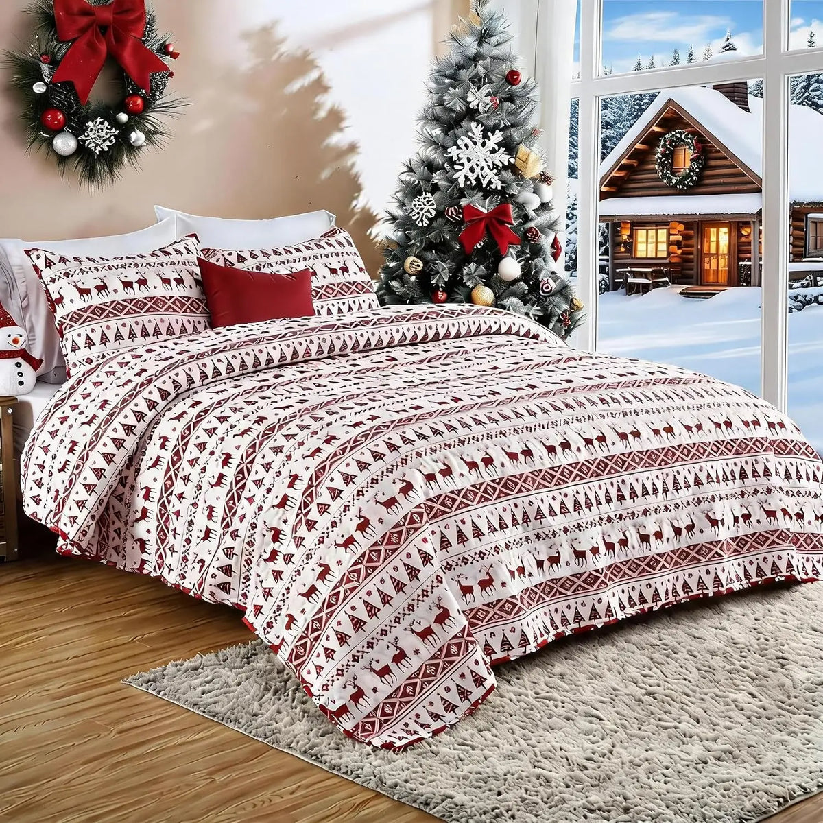 Christmas Snowflake Fleece Quilt Set Soft Warm Winter Bed Cover