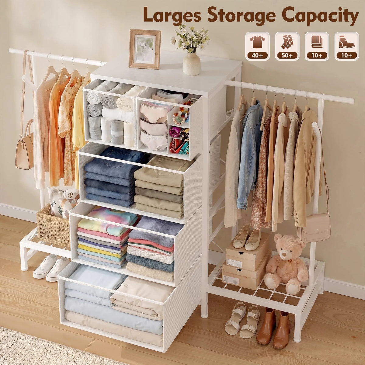 EnHomee 3-In-1 Dresser And Hanging Rack With Five Drawers