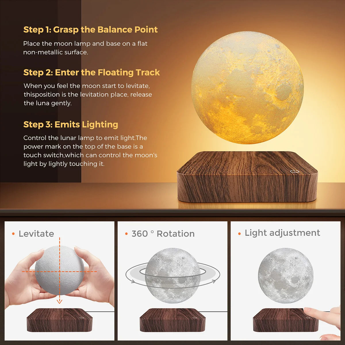 Mexllex Magnetic Floating Rotating Moon Lamp With Wooden LED Base