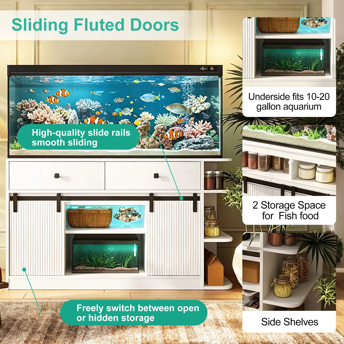 75 Gallon Aquarium Stand with LED Light & Power Outlets, 55-75 Gal Fish Tank Cabinet with Sliding Fluted Doors, 1200 LBS Capacity