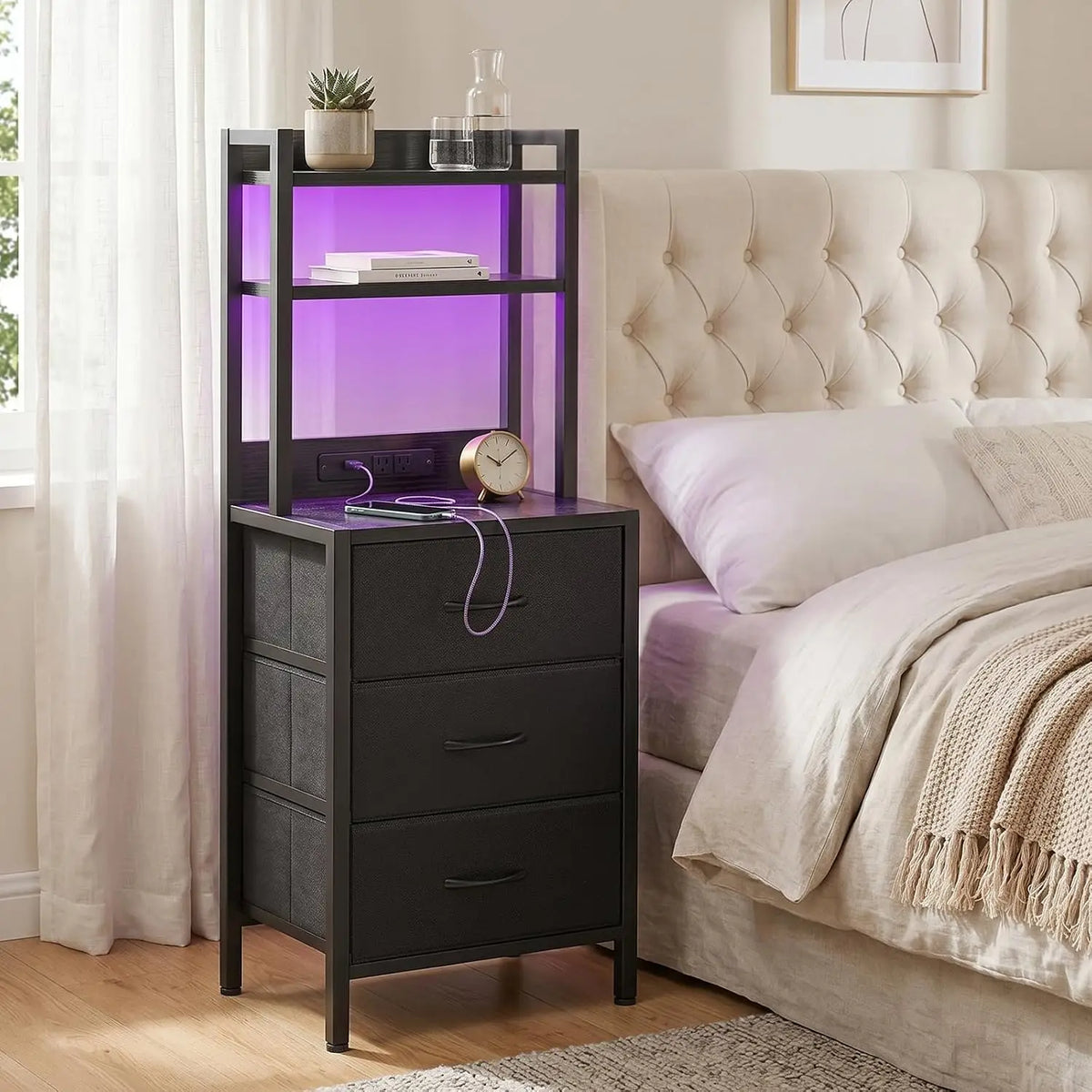 Fixwal 41 Inch Tall Nightstand with Charging Station for Dorm, Black