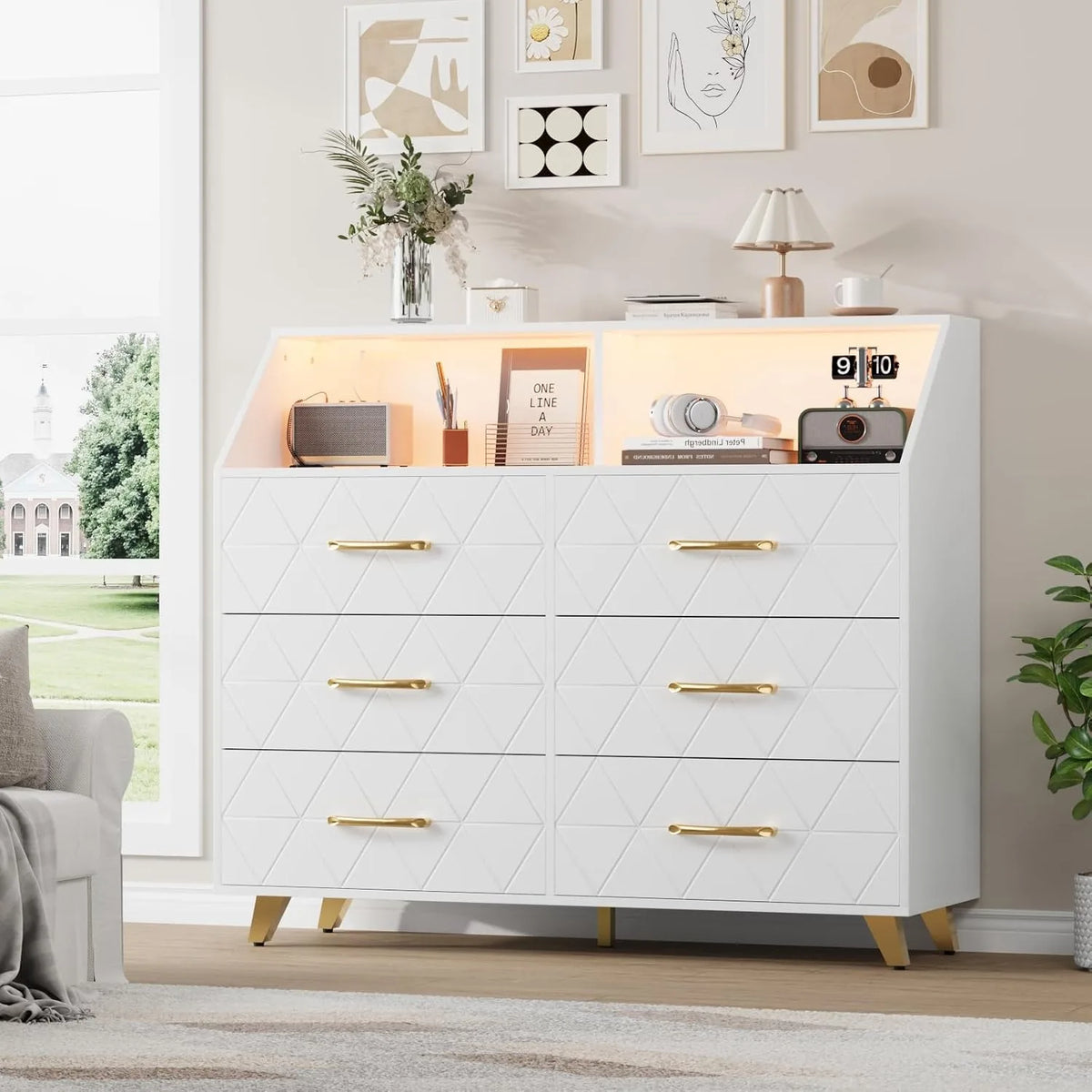 Six Drawer Wooden Dresser With Integrated Led Charging Station