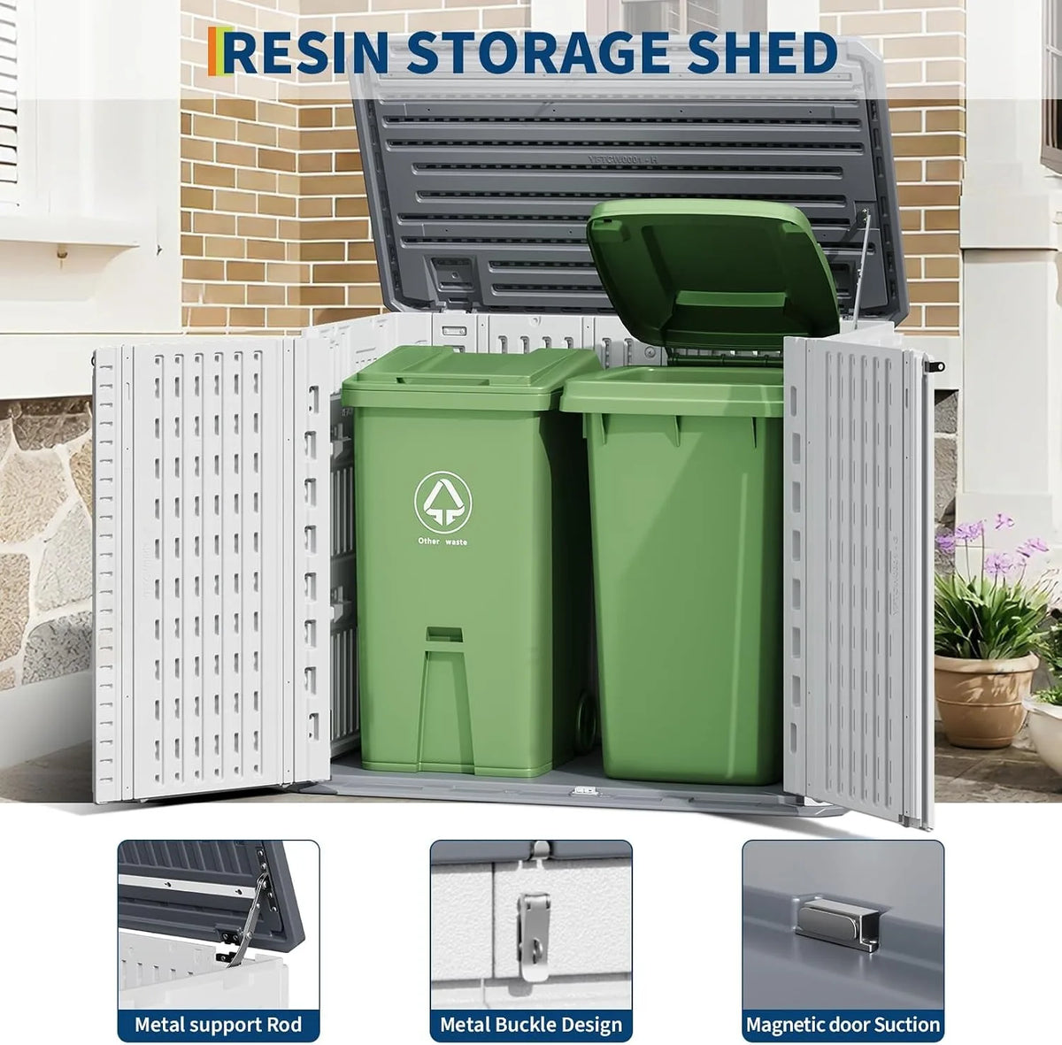 35 Cu Ft Outdoor Storage Cabinet Waterproof Resin Storage Shed with Lockable Door Garden Tool Storage Box for Trash Cans Lawn Mower Generator Patio Backyard Organization