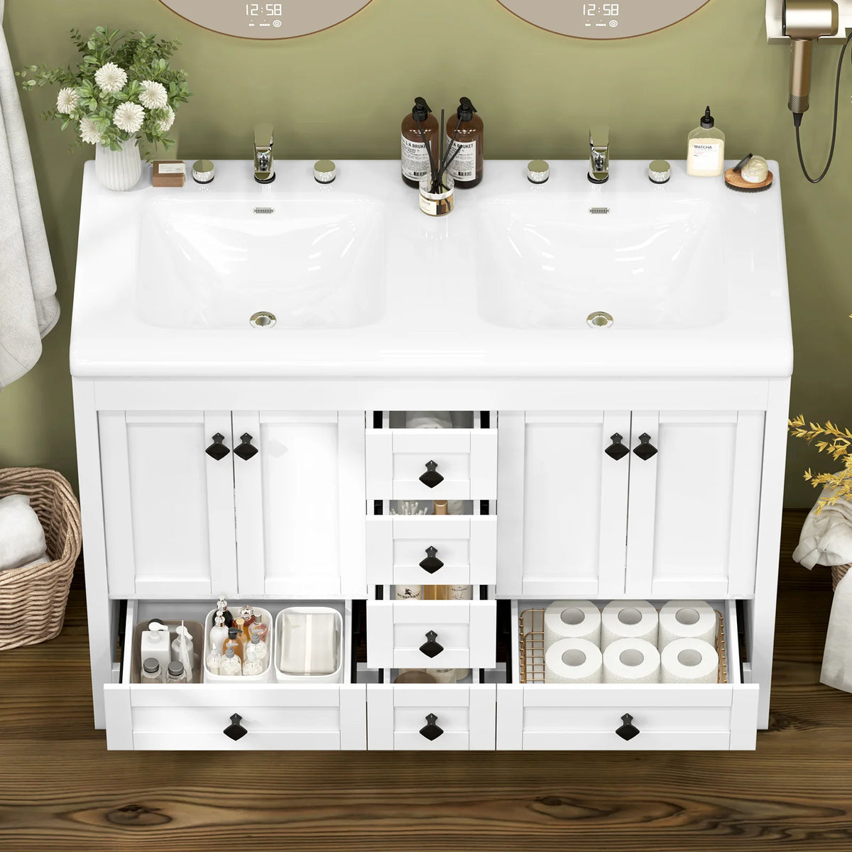 47.3 Inch White Bathroom Vanity Double Ceramic Sink Freestanding Cabinet with Doors & Drawers Modern Bathroom Storage Vanity Cabinet with Sink Combo