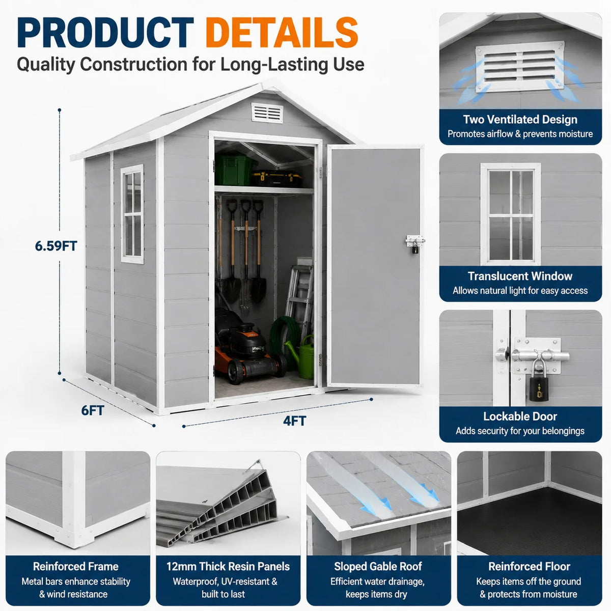 Outdoor Metal Storage Shed With Lockable Door And Gable Roof