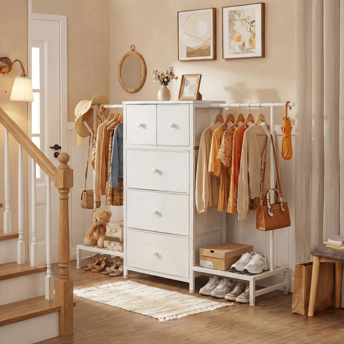EnHomee 3-In-1 Dresser And Hanging Rack With Five Drawers