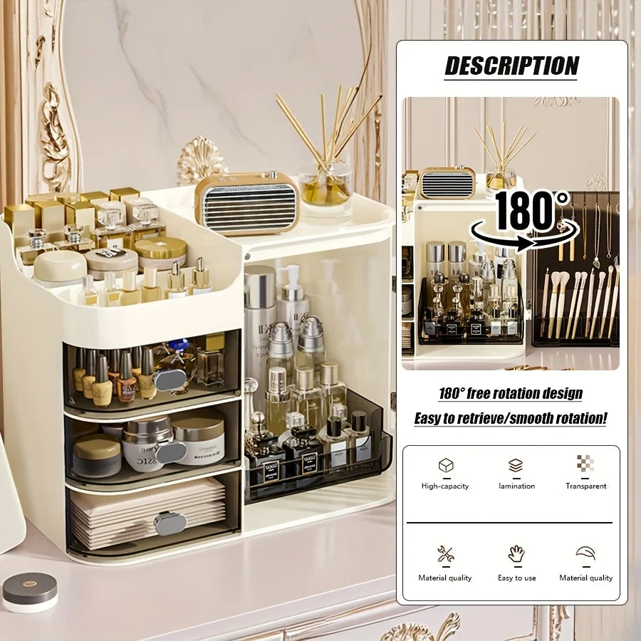 Beige Cosmetic Storage Box High Capacity Dustproof Makeup Organizer with Multi Drawers & Brush Holder for Desktop Dresser Home