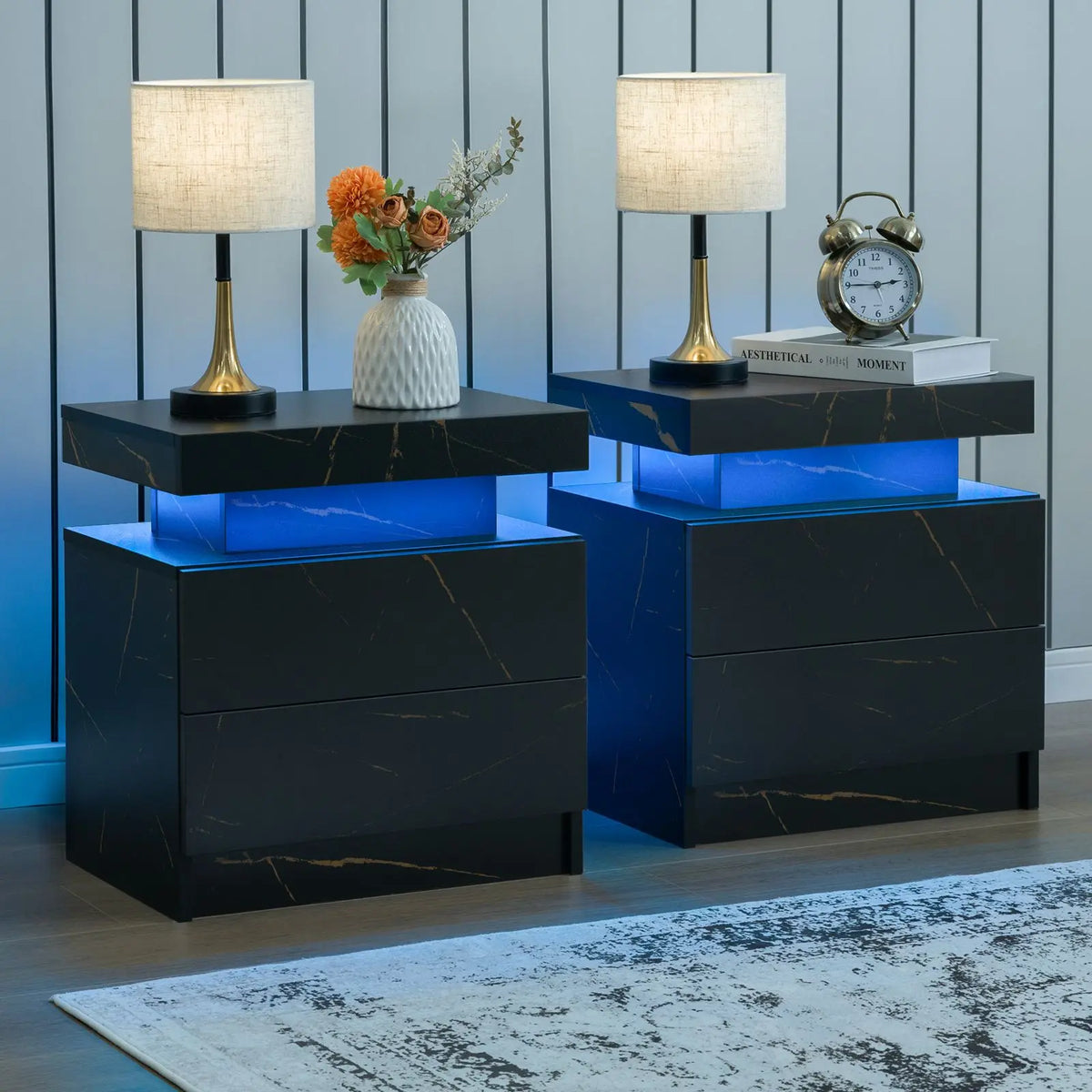 Cubehom LED Nightstand Set With Two Drawers and Bedside Lighting