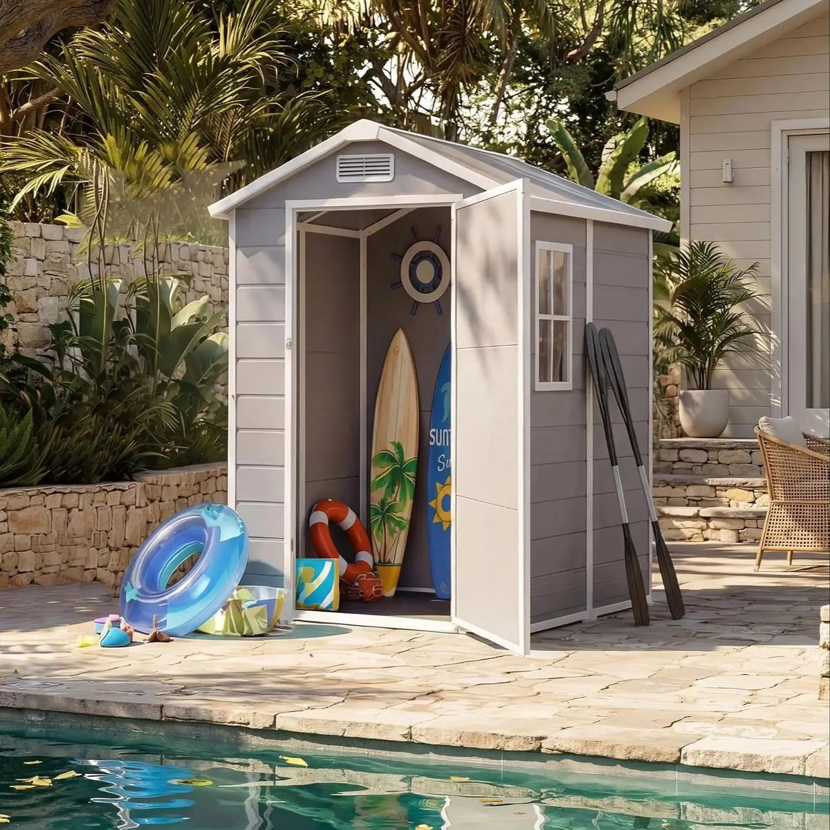 Outdoor Metal Storage Shed With Lockable Door And Gable Roof